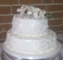2 tier lace overlay Orchid wedding Cake, Annes Cakes For All Occasions, Sudbury Suffolk, Essex, Norfolk,Cambridgeshire